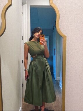 High-Waist Olive Midi Skirt with Gathered Side Panels